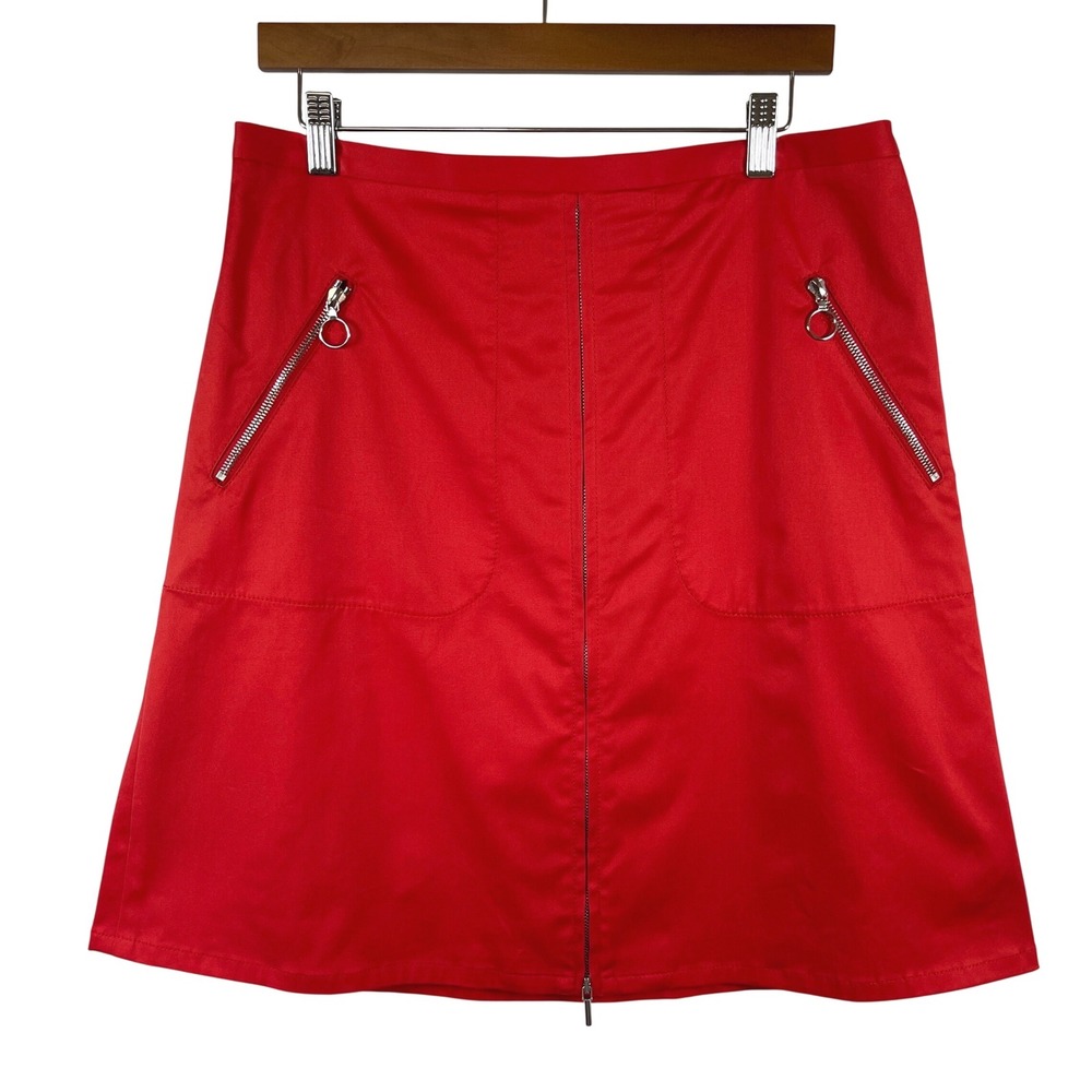 Akris Punto Womens Zip Front A-Line Skirt 12 Red Bold Preppy Designer Luxury